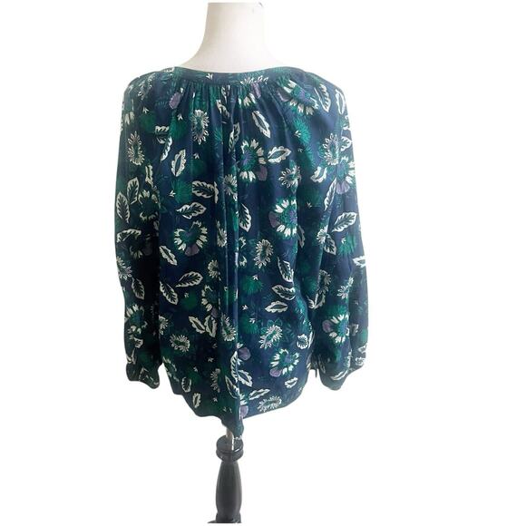 Loft Women’s Long Sleeve Blouse Floral Cotton Size XL Round Neck Navy Green - Picture 7 of 11